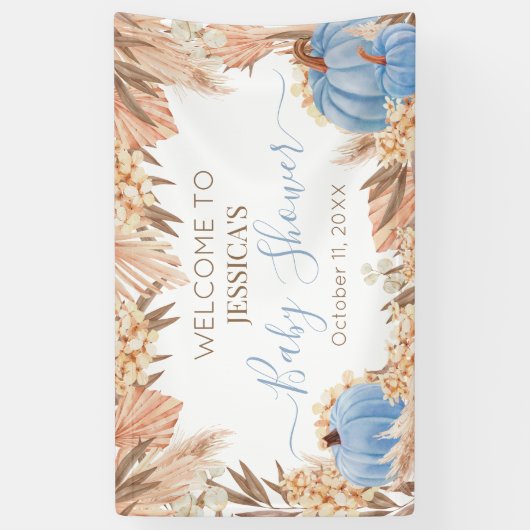 Lona Boho Pampas Blue Pumpkin baby shower Welcome  Spandoek (Verticaal)