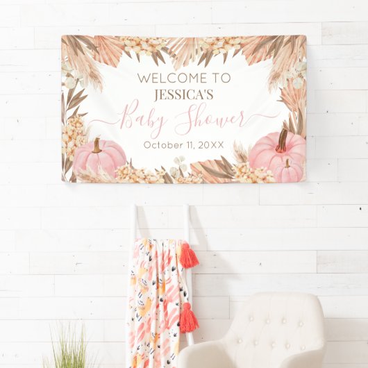 Lona Boho Pampas Pink Pumpkin baby shower Welcome  Spandoek (Insitu)