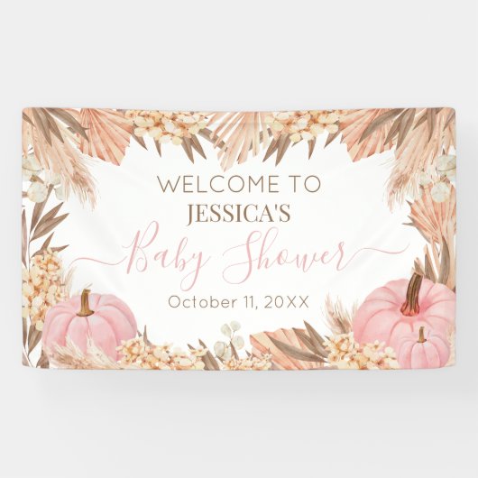 Lona Boho Pampas Pink Pumpkin baby shower Welcome  Spandoek (Horizontaal)