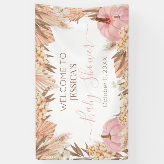 Lona Boho Pampas Pink Pumpkin baby shower Welcome  Spandoek (Verticaal)