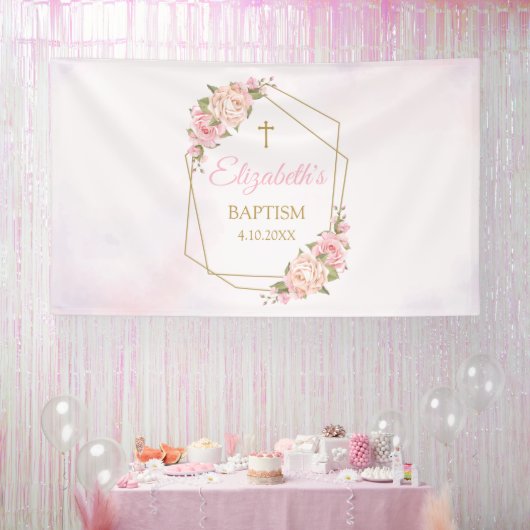 Lona Geometric Pink Floral Baptism Backdrop Spandoek (Feest)