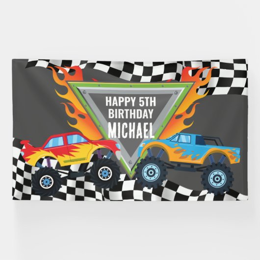 Lona Monster Truck Happy Birthday backdrop banner (Horizontaal)