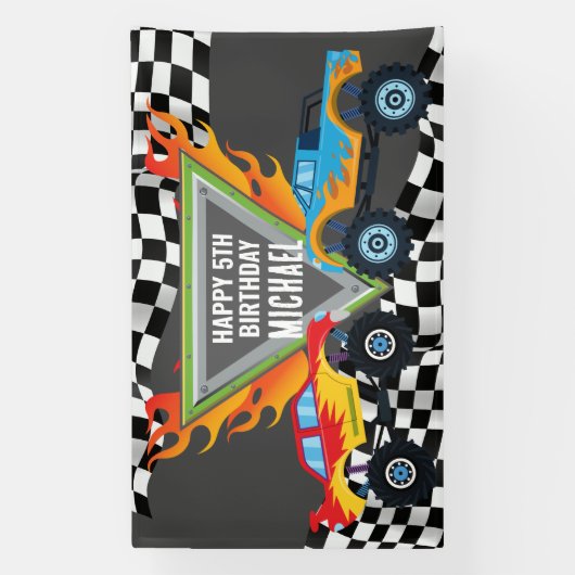 Lona Monster Truck Happy Birthday backdrop banner (Verticaal)