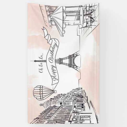 Lona Oh La La Paris backdrop Happy Birthday banner (Verticaal)