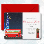 Londen Big Ben Double Decker Bus Vrolijk Kerstfees Kaart<br><div class="desc">Vier het seizoen met deze charmante kerstfeestuitnodiging! Met een feestelijke illustratie van de Big Ben uitgedost in een sneeuwvlok slinger,  een van Santa's rendieren vliegen voorbij,  en Santa en Rudolph het nemen van een tour in een klassieke rode dubbeldekker bus.</div>