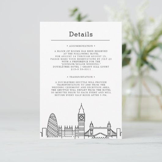 Londen bruiloft | Eenzijdige gast details Kaart (Staand voorkant)