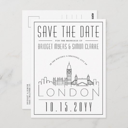 Londen bruiloft | Gestileerde skyline De datum ops Briefkaart (Voorkant / Achterkant)