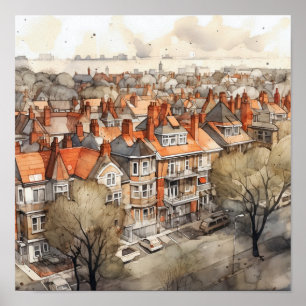 Londen buitenwijken Waterverf Schilderplein Poster