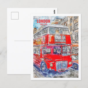 Londen Bus Engeland Beroemde Reisplaats Waterverf Briefkaart