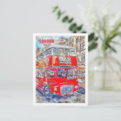 Londen Bus Engeland Beroemde Reisplaats Waterverf Briefkaart (Staand voorkant)