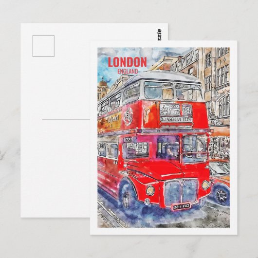 Londen Bus Engeland Beroemde Reisplaats Waterverf Briefkaart (Voorkant / Achterkant)