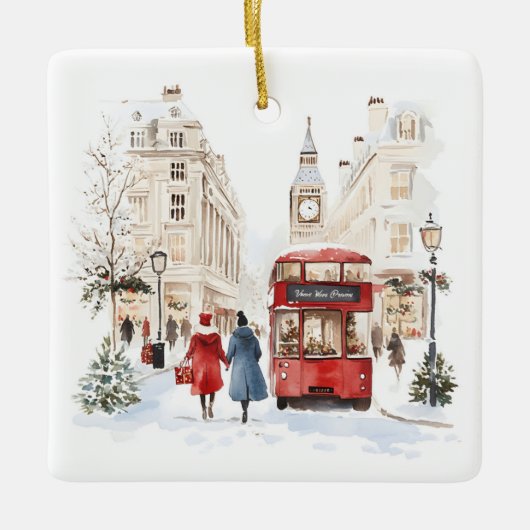 Londen Christmas Waterverf City Scene Keramisch Ornament (Voorkant)