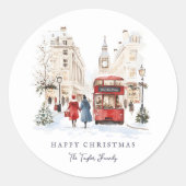 Londen Christmas Waterverf City Scene Ronde Sticker (Voorkant)