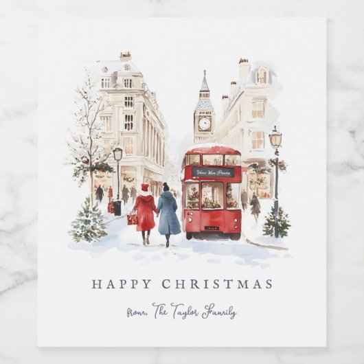Londen Christmas Waterverf City Scene Wijn Etiket (Enkel label)