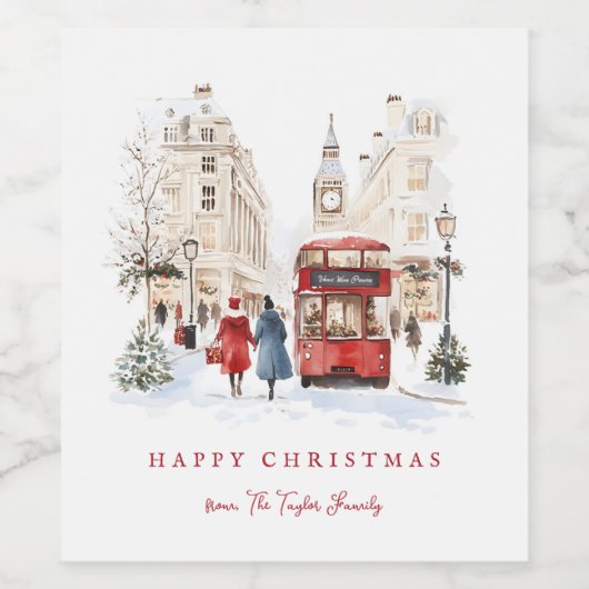 Londen Christmas Waterverf City Scene Wijn Etiket (Enkel label)