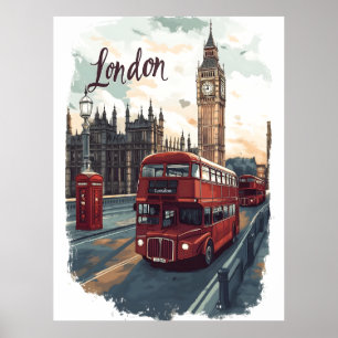 Londen CityScape met Double-Decker Bus & Big Ben Poster