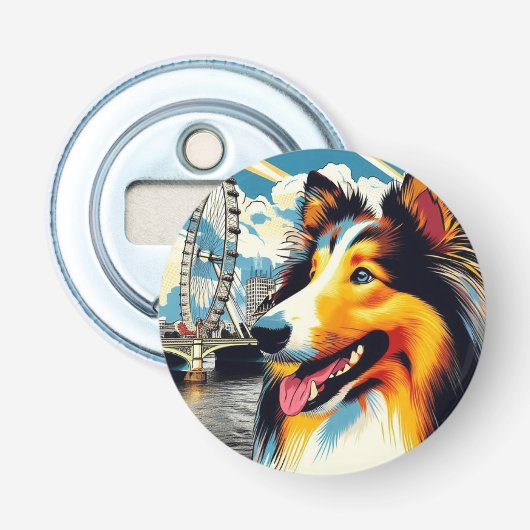 Londen Collie Button Flesopener (Voorkant)