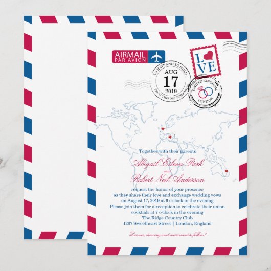 Londen en Italië Airmail | Bruiloft Kaart (Voorkant / Achterkant)