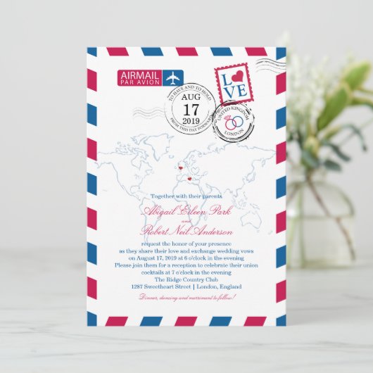 Londen en Italië Airmail | Bruiloft Kaart (Staand voorkant)