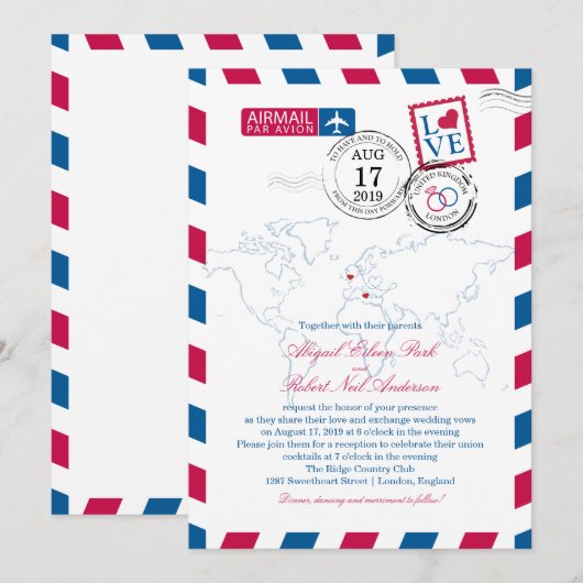 Londen en Italië Airmail | Bruiloft Kaart (Voorkant / Achterkant)