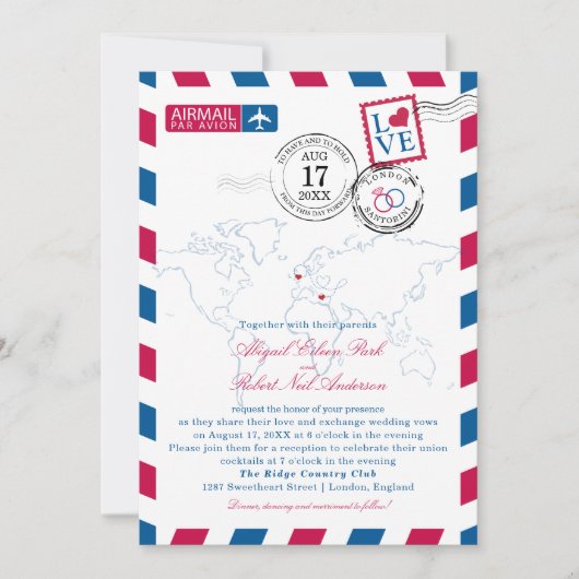 Londen en Santorini Airmail Huwelijksuitnodiging Kaart (Voorkant)