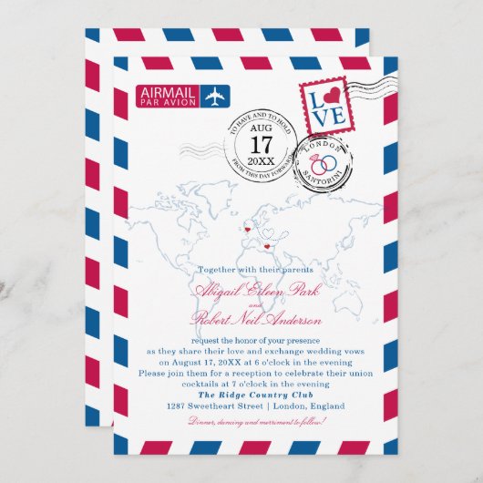 Londen en Santorini Airmail Huwelijksuitnodiging Kaart (Voorkant / Achterkant)