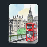 Londen Engeland Red Bus Vintage Travel Magneet<br><div class="desc">Leg de sfeer van Londen vast met deze prachtig geïllustreerde magneet in stijl. Met een klassieke rode dubbeldekker die de iconische Big Ben en de historische Houses of Parliament passeert, combineert deze magneet nostalgische charme met de energie van het stadsleven. Een perfect souvenir of cadeau voor Anglo-fielen en reisliefhebbers.</div>