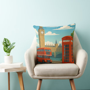 Londen Engeland Vintage Reis Big Ben, Rode Bus Kussen