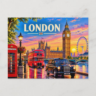 Londen Engeland Vintage Reizen - Big Ben, Rode Bus Feestdagenkaart