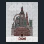 Londen in Clouds Red en Green Puzzel<br><div class="desc">Londen in Clouds Red en Green door Fab Funky. Kenmerken beroemde mijlpalen van Londen in een donkerrood en groen kleurenschema.</div>