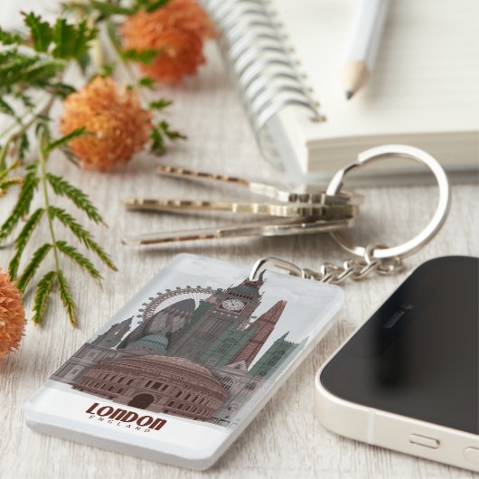 Londen in Clouds Red en Green Sleutelhanger (Voorkant Rechts)