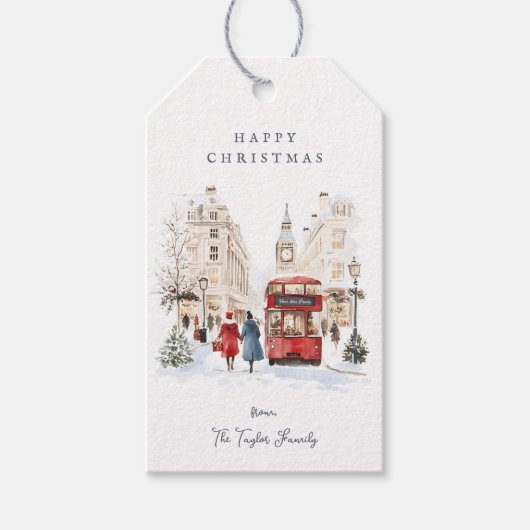 Londen Kerst Aquarel Stadsgezicht Cadeaulabel (Voorkant)