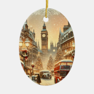 Londen Kerstkaart – Londen Festive Scene Keramisch Ornament
