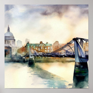 Londen- London's Millennium Bridge (C), Waterverf Poster