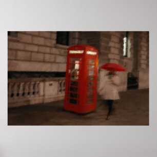 Londen - Rainy Day Red Phone Box / Umbrella Poster