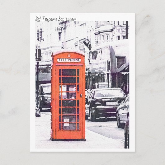 Londen, Red Telephone Box Waterverf Briefkaart (Voorkant)