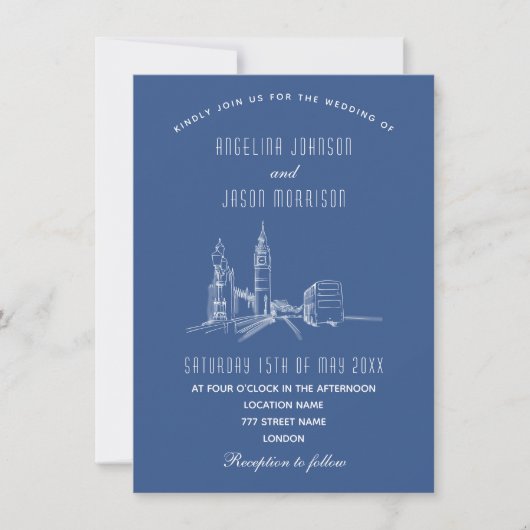 Londen Skyline Blue Red Wedding Invitation Kaart (Voorkant)