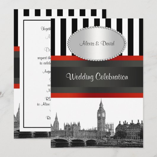 Londen Skyline BW BK Wat Strp Rood P Bruiloft Kaart (Voorkant / Achterkant)