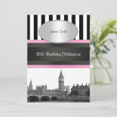 Londen Skyline BW BK Wh Strp Roze Verjaardags Pty Kaart (Staand voorkant)