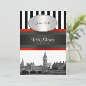 Londen Skyline BW BLK WHT STRP Rood Baby shower Kaart (Staand voorkant)
