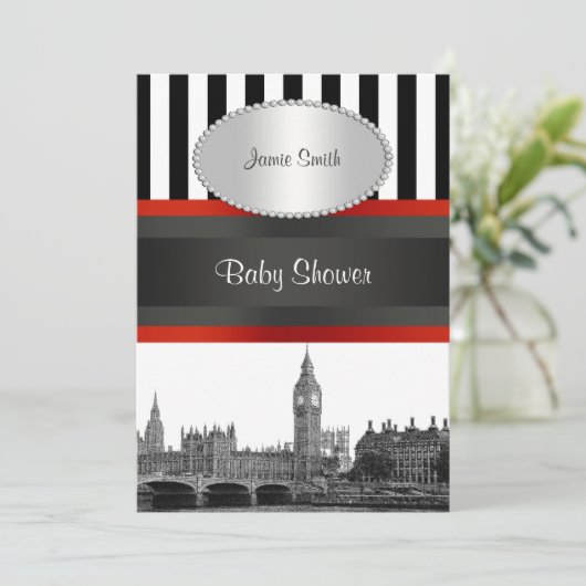 Londen Skyline BW BLK WHT STRP Rood Baby shower Kaart (Staand voorkant)