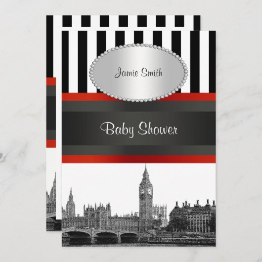 Londen Skyline BW BLK WHT STRP Rood Baby shower Kaart (Voorkant / Achterkant)