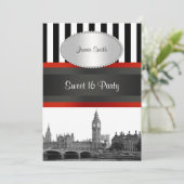 Londen Skyline BW BLK WHT STRP Rood Zoet 16 Party Kaart (Staand voorkant)