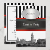 Londen Skyline BW BLK WHT STRP Rood Zoet 16 Party Kaart (Voorkant / Achterkant)