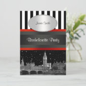 Londen Skyline BW Zwart Wht Stripe Rood Bacheloret Kaart (Staand voorkant)