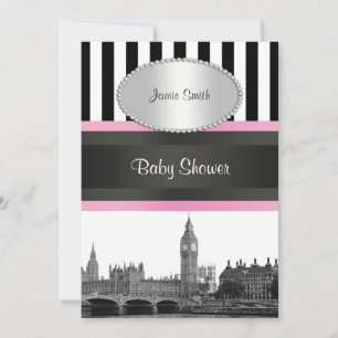 Londen Skyline BW Zwart Wht Strp Roze Baby shower Kaart
