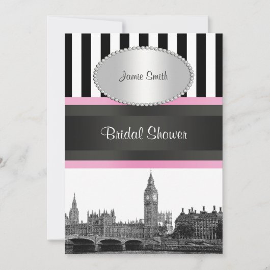 Londen Skyline BW Zwart Wht Strp Roze Bruidsschuur Kaart (Voorkant)
