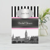 Londen Skyline BW Zwart Wht Strp Roze Bruidsschuur Kaart (Staand voorkant)