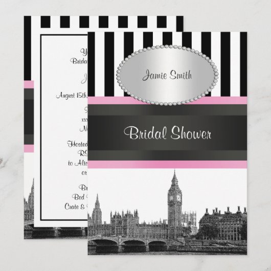 Londen Skyline BW Zwart Wht Strp Roze Bruidsschuur Kaart (Voorkant / Achterkant)