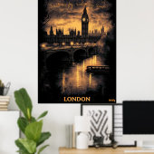 Londen Skyline - Charcoal Monochrome Art - Urban Poster (Thuiskantoor)
